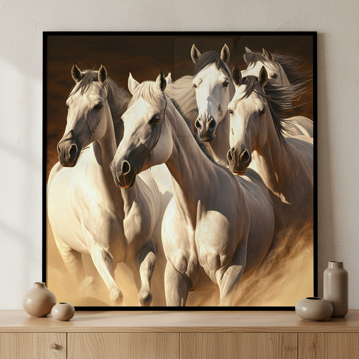 Four horses running together sand ภาพติดผังสไตล์สแกนดิเนเวีย สำหรับตกแต่งบ้านและคอนโด พร้อมกรอบคุณภาพ