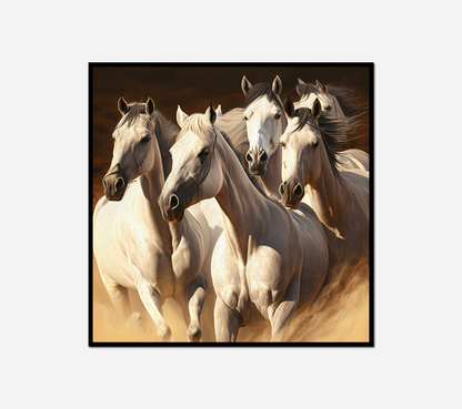 Four horses running together sand