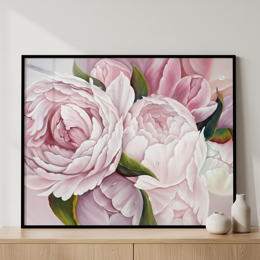 Painting pink flowers white ภาพติดผังสไตล์สแกนดิเนเวีย สำหรับตกแต่งบ้านและคอนโด พร้อมกรอบคุณภาพ