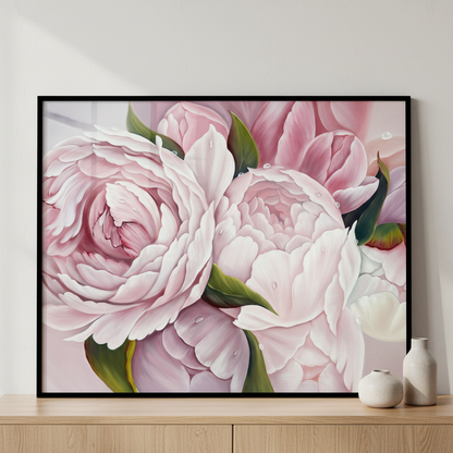 Painting pink flowers white ภาพติดผังสไตล์สแกนดิเนเวีย สำหรับตกแต่งบ้านและคอนโด พร้อมกรอบคุณภาพ