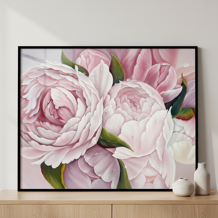 Painting pink flowers white ภาพติดผังสไตล์สแกนดิเนเวีย สำหรับตกแต่งบ้านและคอนโด พร้อมกรอบคุณภาพ