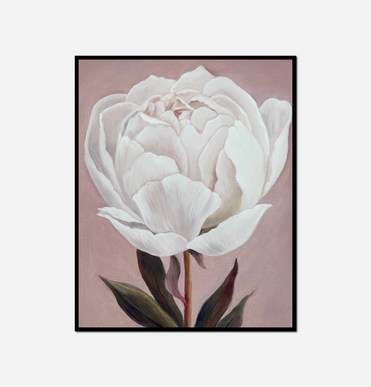 painting white peony green leaves pink