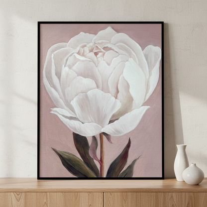 Painting white peony green leaves pink ภาพติดผังสไตล์สแกนดิเนเวีย สำหรับตกแต่งบ้านและคอนโด พร้อมกรอบคุณภาพ