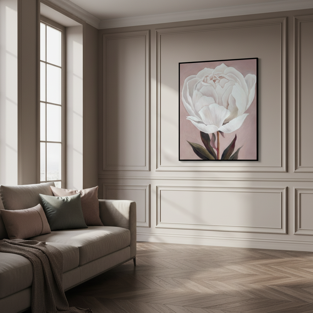 Painting white peony green leaves pink