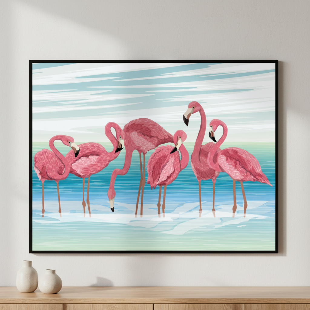 Four flamingos standing water together ภาพติดผังสไตล์สแกนดิเนเวีย สำหรับตกแต่งบ้านและคอนโด พร้อมกรอบคุณภาพ