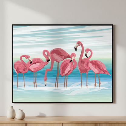 Four flamingos standing water together ภาพติดผังสไตล์สแกนดิเนเวีย สำหรับตกแต่งบ้านและคอนโด พร้อมกรอบคุณภาพ