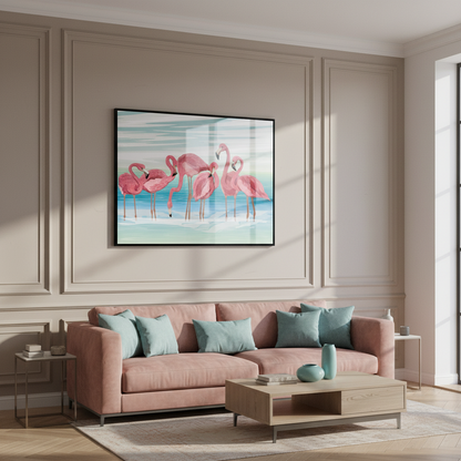Four flamingos standing water together