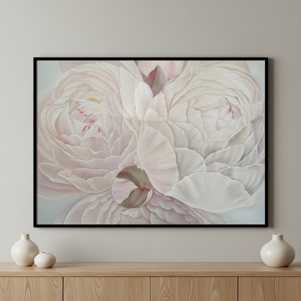 Painting white flower black ภาพติดผังสไตล์สแกนดิเนเวีย สำหรับตกแต่งบ้านและคอนโด พร้อมกรอบคุณภาพ