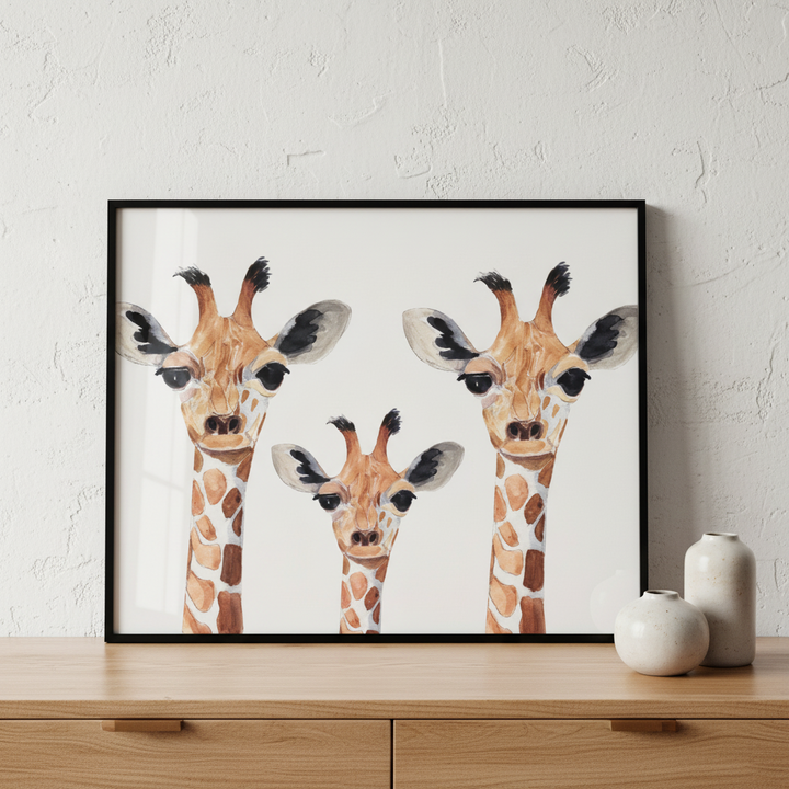 Three giraffes standing together ภาพติดผังสไตล์สแกนดิเนเวีย สำหรับตกแต่งบ้านและคอนโด พร้อมกรอบคุณภาพ