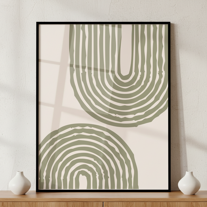 Green beige abstract painting ภาพติดผังสไตล์สแกนดิเนเวีย สำหรับตกแต่งบ้านและคอนโด พร้อมกรอบคุณภาพ