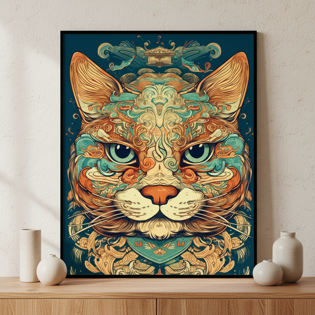 Cat floral pattern ภาพติดผังสไตล์สแกนดิเนเวีย สำหรับตกแต่งบ้านและคอนโด พร้อมกรอบคุณภาพ