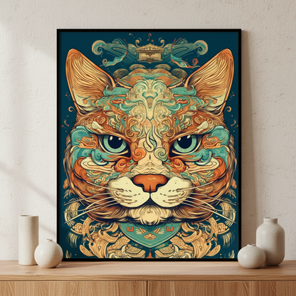Cat floral pattern ภาพติดผังสไตล์สแกนดิเนเวีย สำหรับตกแต่งบ้านและคอนโด พร้อมกรอบคุณภาพ