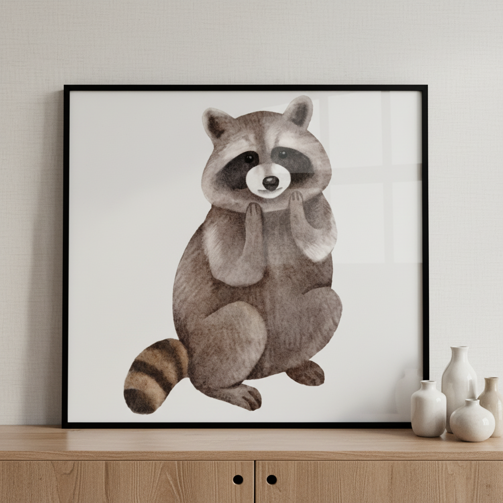 Close raccoon sitting its hind legs ภาพติดผังสไตล์สแกนดิเนเวีย สำหรับตกแต่งบ้านและคอนโด พร้อมกรอบคุณภาพ