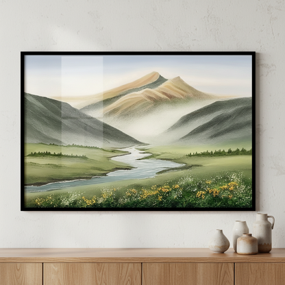 Painting mountain scene stream foreground ภาพติดผังสไตล์สแกนดิเนเวีย สำหรับตกแต่งบ้านและคอนโด พร้อมกรอบคุณภาพ