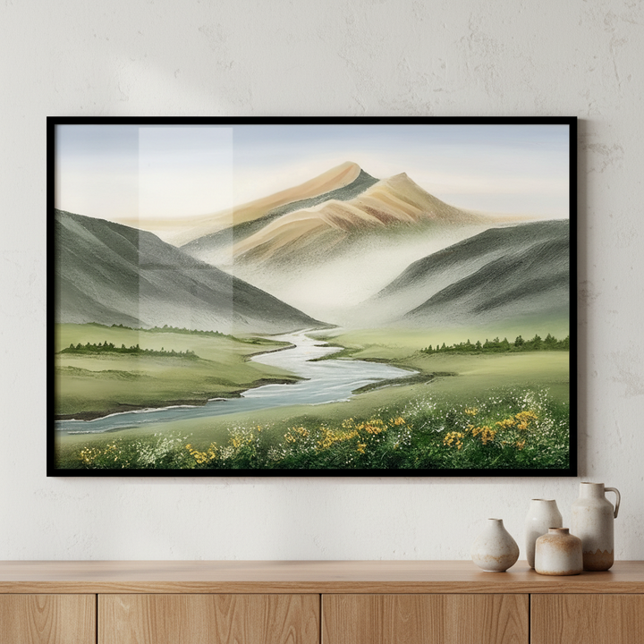 Painting mountain scene stream foreground ภาพติดผังสไตล์สแกนดิเนเวีย สำหรับตกแต่งบ้านและคอนโด พร้อมกรอบคุณภาพ