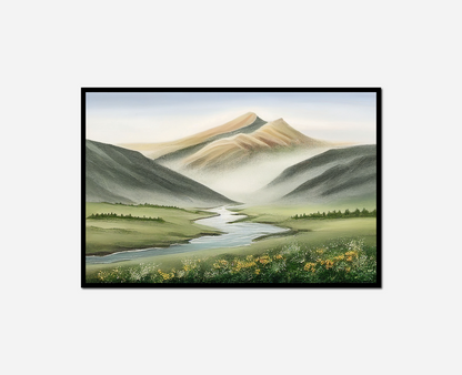 Painting mountain scene stream foreground