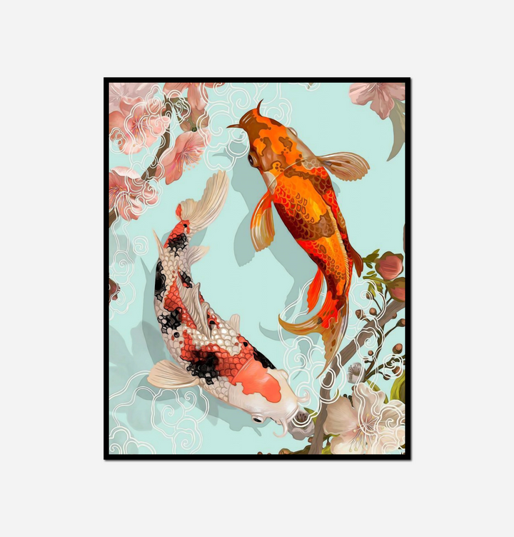 two fish swimming pond flowers