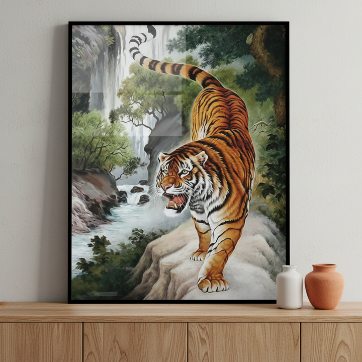 Painting tiger rock waterfall ภาพติดผังสไตล์สแกนดิเนเวีย สำหรับตกแต่งบ้านและคอนโด พร้อมกรอบคุณภาพ