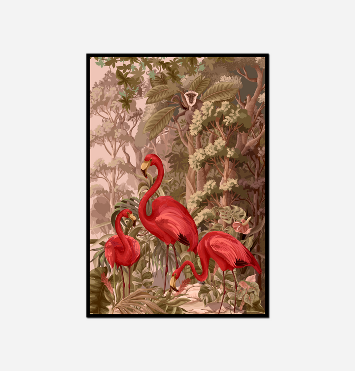 two flamingos standing grass near tree