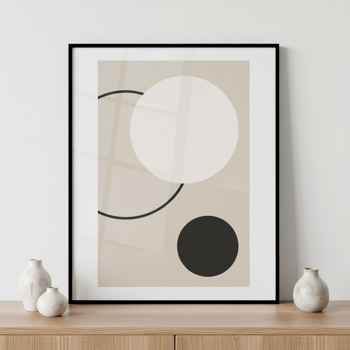 Close black white abstract painting black circle ภาพติดผังสไตล์สแกนดิเนเวีย สำหรับตกแต่งบ้านและคอนโด พร้อมกรอบคุณภาพ
