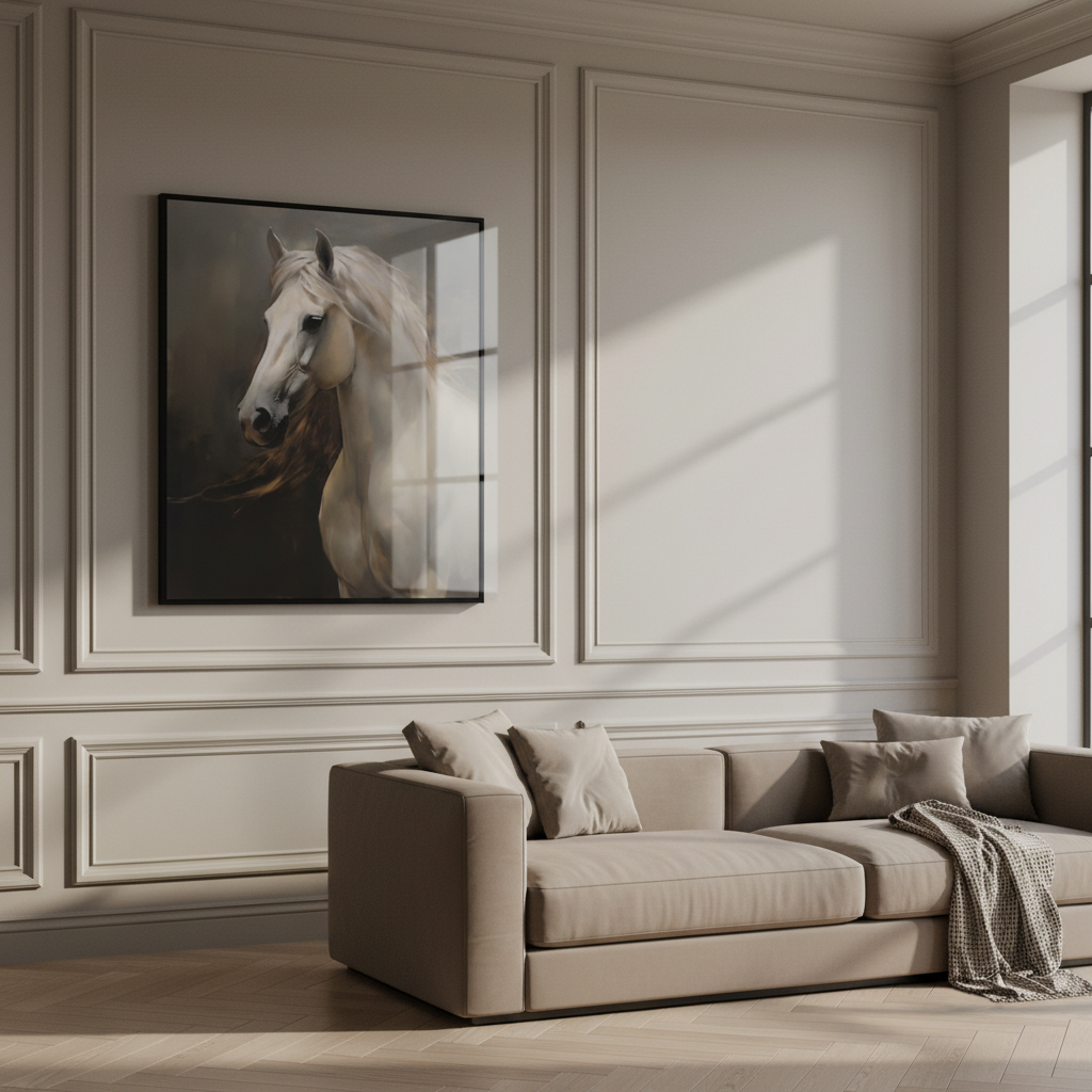 Painting white horse long hair blowing wind