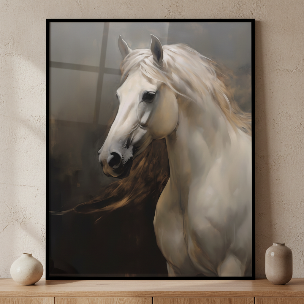 Painting white horse long hair blowing wind ภาพติดผังสไตล์สแกนดิเนเวีย สำหรับตกแต่งบ้านและคอนโด พร้อมกรอบคุณภาพ