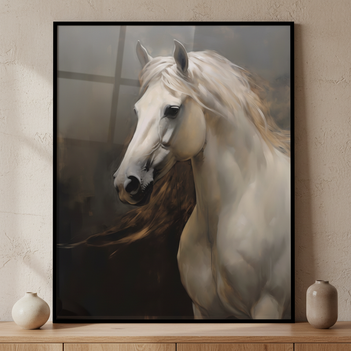 Painting white horse long hair blowing wind ภาพติดผังสไตล์สแกนดิเนเวีย สำหรับตกแต่งบ้านและคอนโด พร้อมกรอบคุณภาพ
