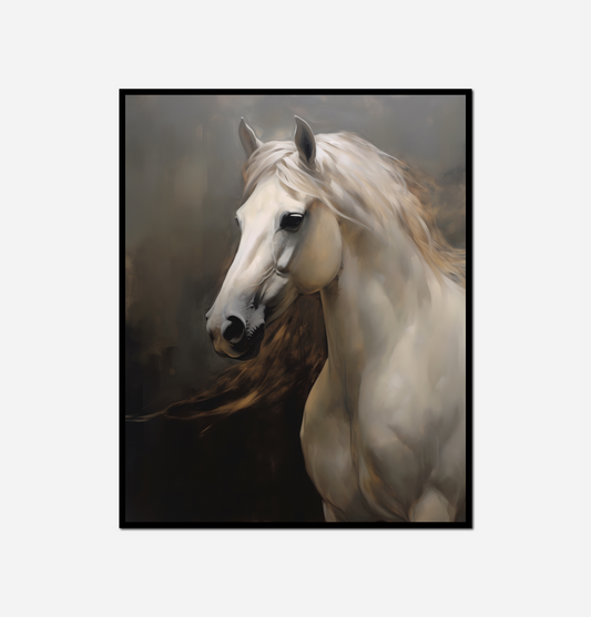 painting white horse long hair blowing wind