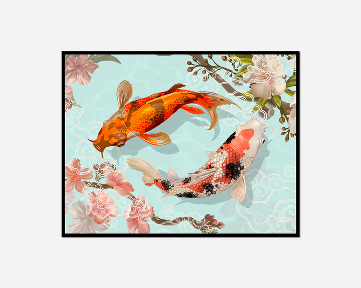 two fish swimming pond flowers