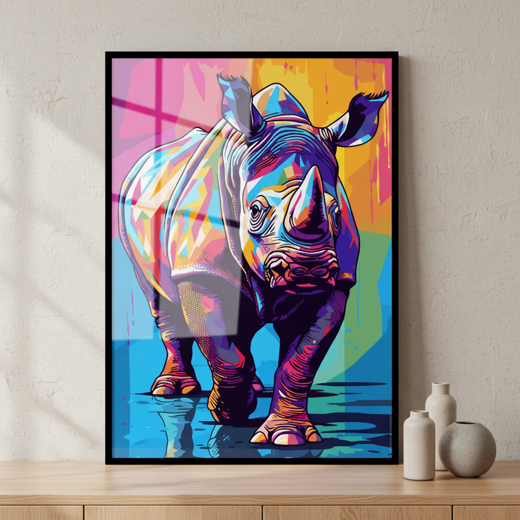 Close painting rhino colorful ภาพติดผังสไตล์สแกนดิเนเวีย สำหรับตกแต่งบ้านและคอนโด พร้อมกรอบคุณภาพ