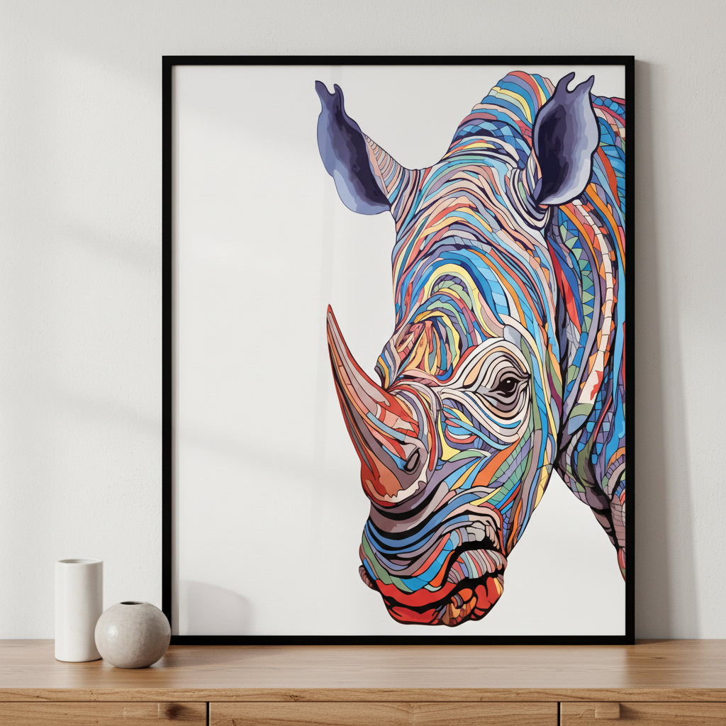 Rhino colorful pattern ภาพติดผังสไตล์สแกนดิเนเวีย สำหรับตกแต่งบ้านและคอนโด พร้อมกรอบคุณภาพ