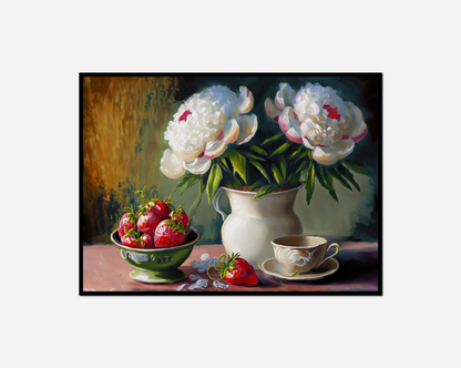 Painting vase flowers bowl strawberries