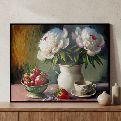 Painting vase flowers bowl strawberries ภาพติดผังสไตล์สแกนดิเนเวีย สำหรับตกแต่งบ้านและคอนโด พร้อมกรอบคุณภาพ