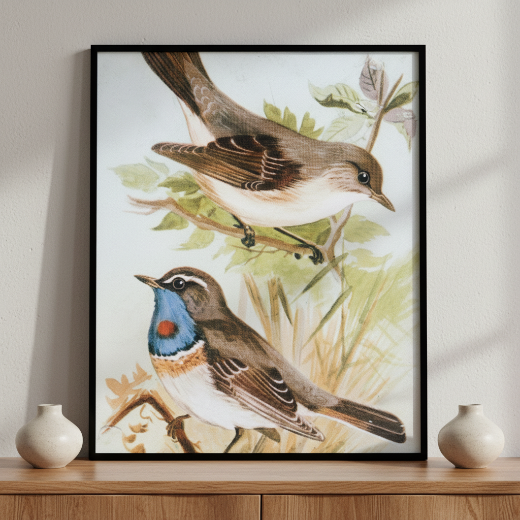 Two birds sitting branch tree ภาพติดผังสไตล์สแกนดิเนเวีย สำหรับตกแต่งบ้านและคอนโด พร้อมกรอบคุณภาพ
