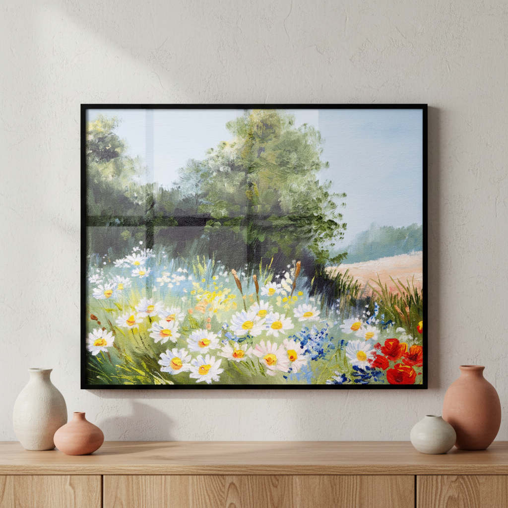 Painting field flowers blue sky ภาพติดผังสไตล์สแกนดิเนเวีย สำหรับตกแต่งบ้านและคอนโด พร้อมกรอบคุณภาพ