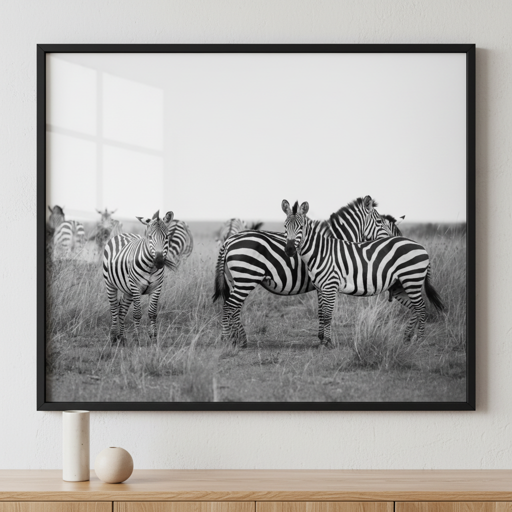 Zebras standing field tall grass sky ภาพติดผังสไตล์สแกนดิเนเวีย สำหรับตกแต่งบ้านและคอนโด พร้อมกรอบคุณภาพ