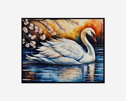 Painting swan floating lake sunset behind
