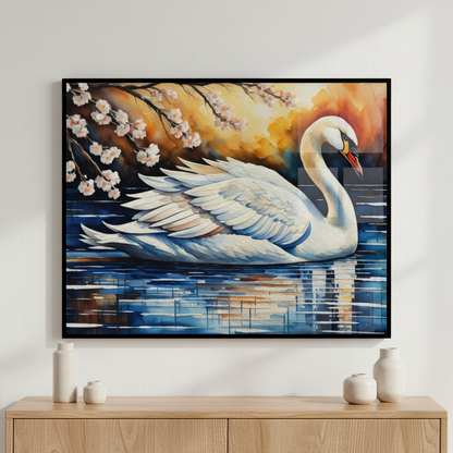 Painting swan floating lake sunset behind ภาพติดผังสไตล์สแกนดิเนเวีย สำหรับตกแต่งบ้านและคอนโด พร้อมกรอบคุณภาพ