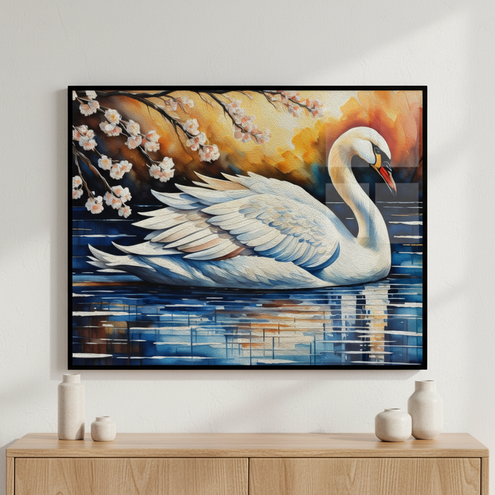 Painting swan floating lake sunset behind ภาพติดผังสไตล์สแกนดิเนเวีย สำหรับตกแต่งบ้านและคอนโด พร้อมกรอบคุณภาพ