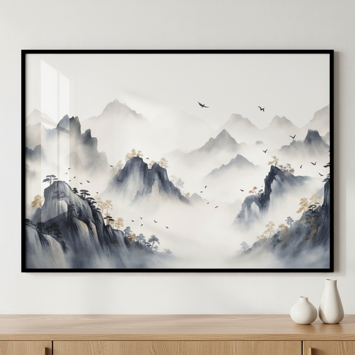 Mountain landscape birds flying over