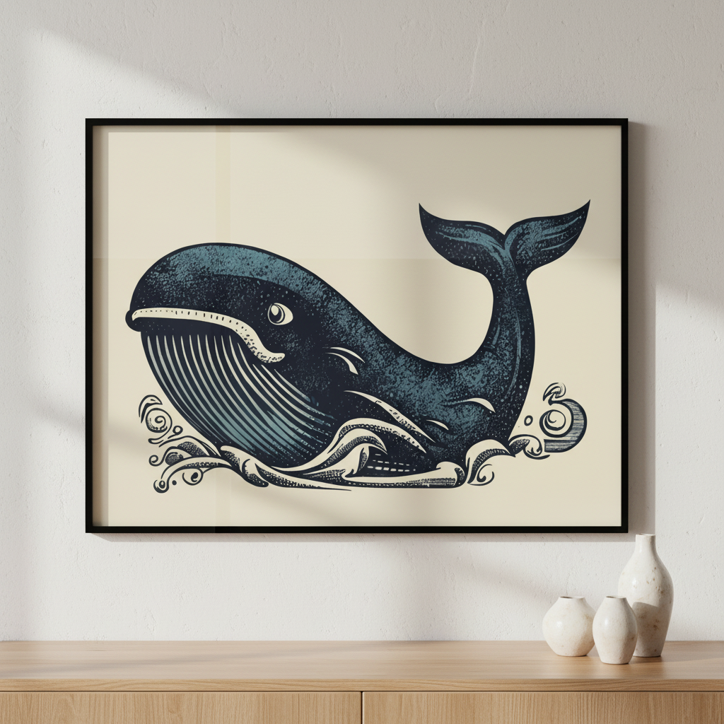 Whale water ภาพติดผังสไตล์สแกนดิเนเวีย สำหรับตกแต่งบ้านและคอนโด พร้อมกรอบคุณภาพ