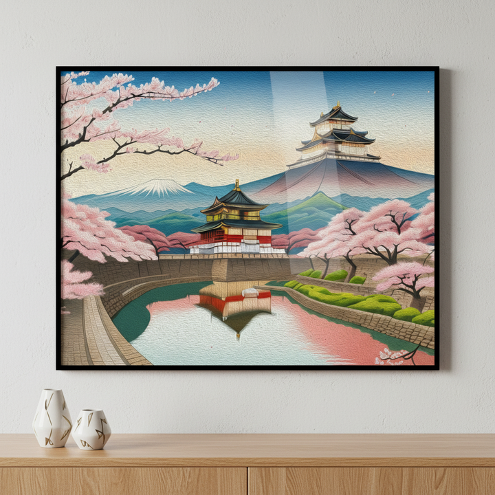 Painting japanese landscape pagoda lake ภาพติดผังสไตล์สแกนดิเนเวีย สำหรับตกแต่งบ้านและคอนโด พร้อมกรอบคุณภาพ