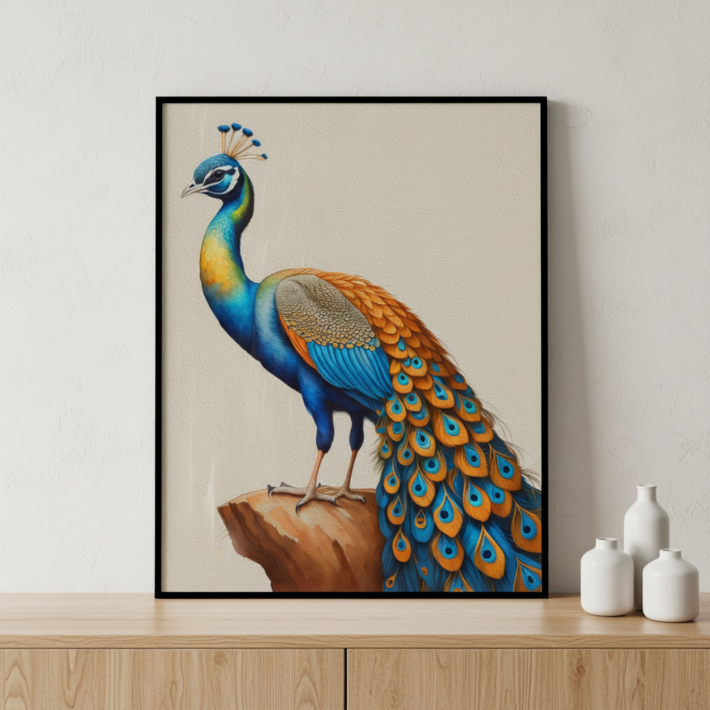 Peacock sitting rock ภาพติดผังสไตล์สแกนดิเนเวีย สำหรับตกแต่งบ้านและคอนโด พร้อมกรอบคุณภาพ