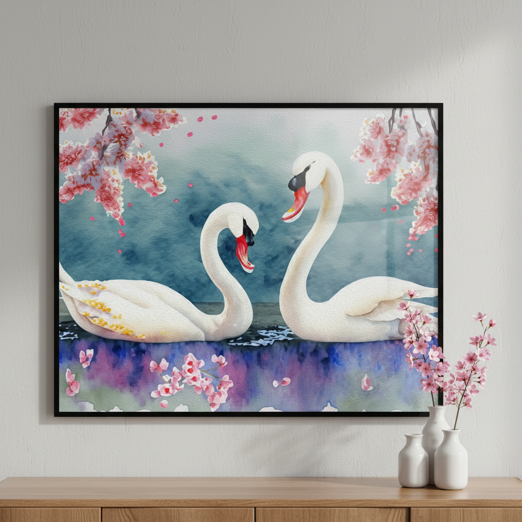 Painting two swans pond cherry blossoms ภาพติดผังสไตล์สแกนดิเนเวีย สำหรับตกแต่งบ้านและคอนโด พร้อมกรอบคุณภาพ