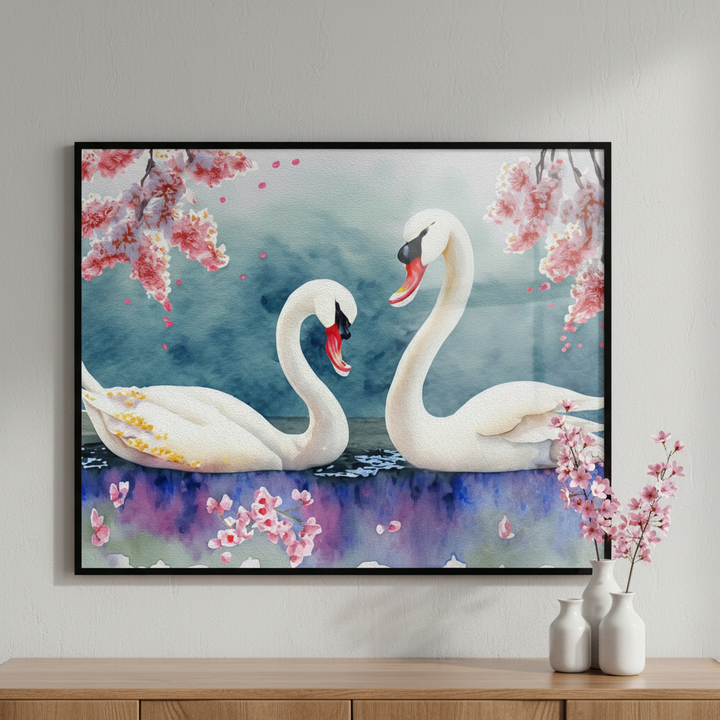 Painting two swans pond cherry blossoms ภาพติดผังสไตล์สแกนดิเนเวีย สำหรับตกแต่งบ้านและคอนโด พร้อมกรอบคุณภาพ