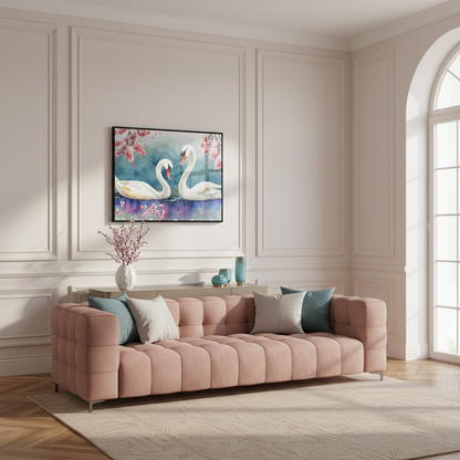 Painting two swans pond cherry blossoms