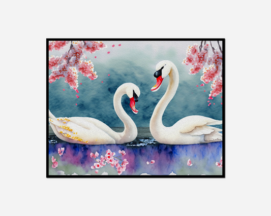 painting two swans pond cherry blossoms