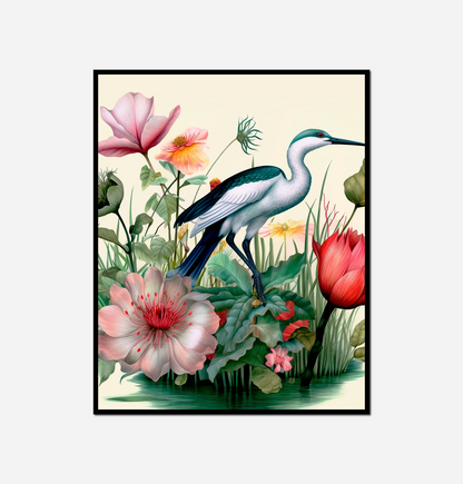 Bird standing grass flowers