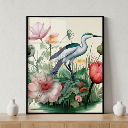 Bird standing grass flowers ภาพติดผังสไตล์สแกนดิเนเวีย สำหรับตกแต่งบ้านและคอนโด พร้อมกรอบคุณภาพ