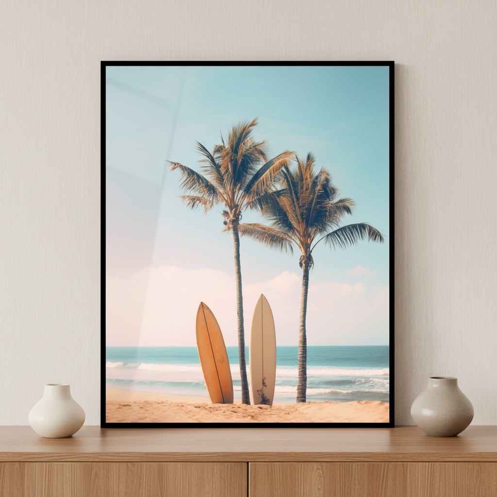 Two surfboards sitting beach next palm trees ภาพติดผังสไตล์วิวธรรมชาติ สำหรับตกแต่งบ้านและคอนโด พร้อมกรอบคุณภาพ